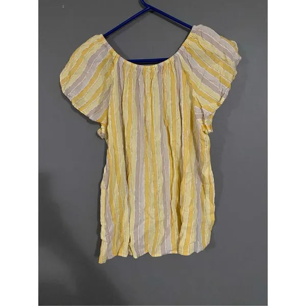 Cato Linen Yellow Striped Short Sleeve Top Size Medium - Image 2