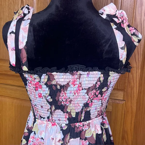 Lulus Wowing Wonder Black Floral Jacquard‎ Smocked Tie-Strap Tiered Midi Dress - Image 14