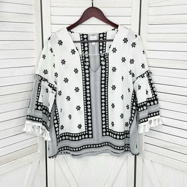 Soho New York & Comp Boho Fringe‎ Hem Floral Popover Shirt White Black Large - Image 8
