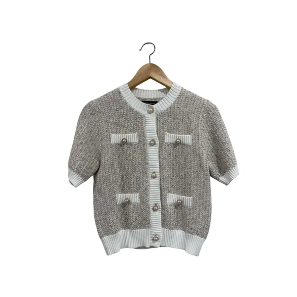 Urban Revivo Prep Short Sleeve Pearl Button Cardigan Sweater Beige White Medium - Image 2