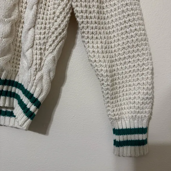 American Eagle Cream Cable Knit Cotton Sweater with Green Striped cuffs - Image 2