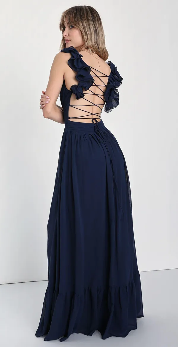 Lulus Soiree Celebration Navy Blue Ruffled Lace-Up Maxi Dress - Image 2