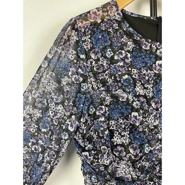 Vici Blue Purple Black Floral Ruched Long Sleeve Chiffon Mini Dress Size L‎ - Image 5