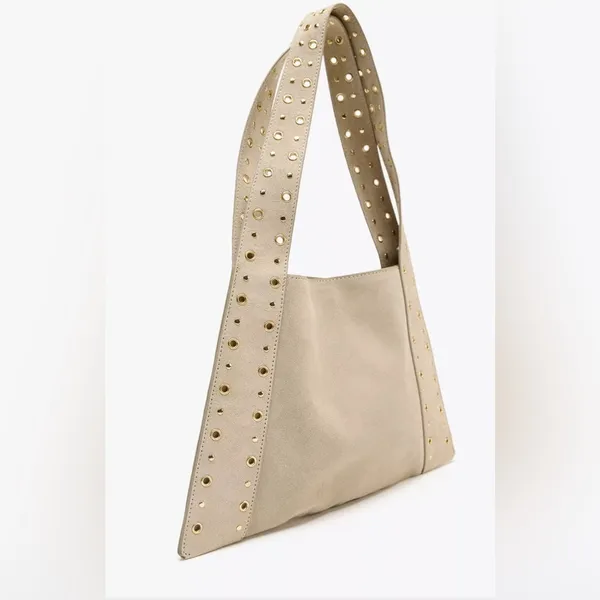 Zara 100% cow leather Elegant‎ Beige Studded Women's Bag - Image 3