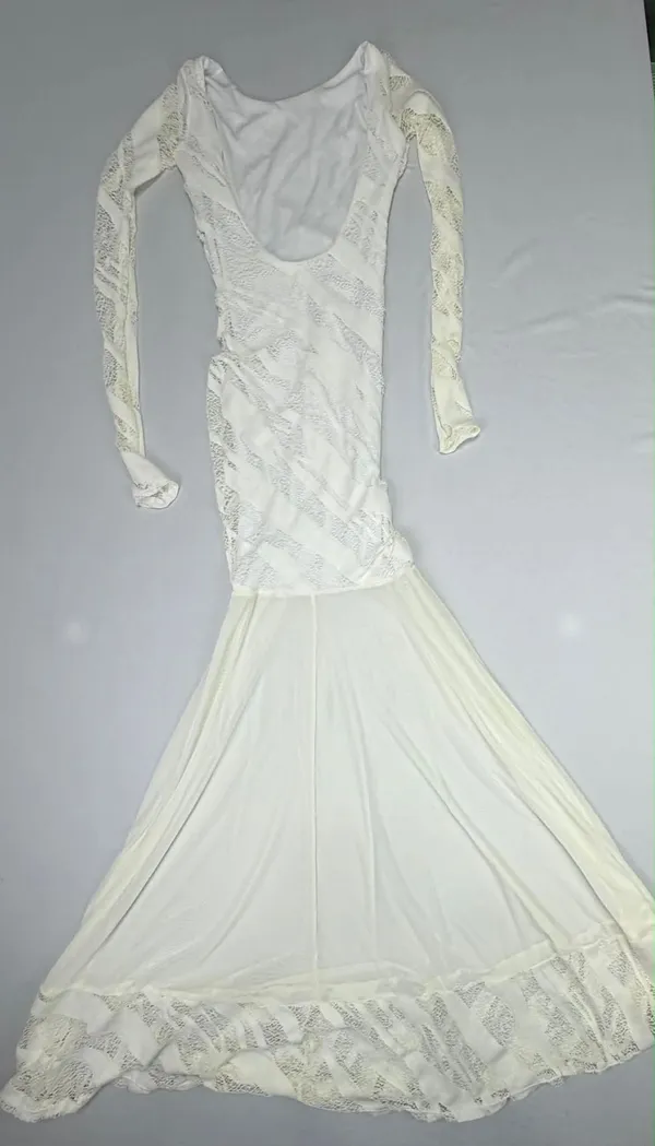 Auditions White Textures Mesh Long Sleeve Maxi Gown with Low Back and Lace Hem D - Image 4