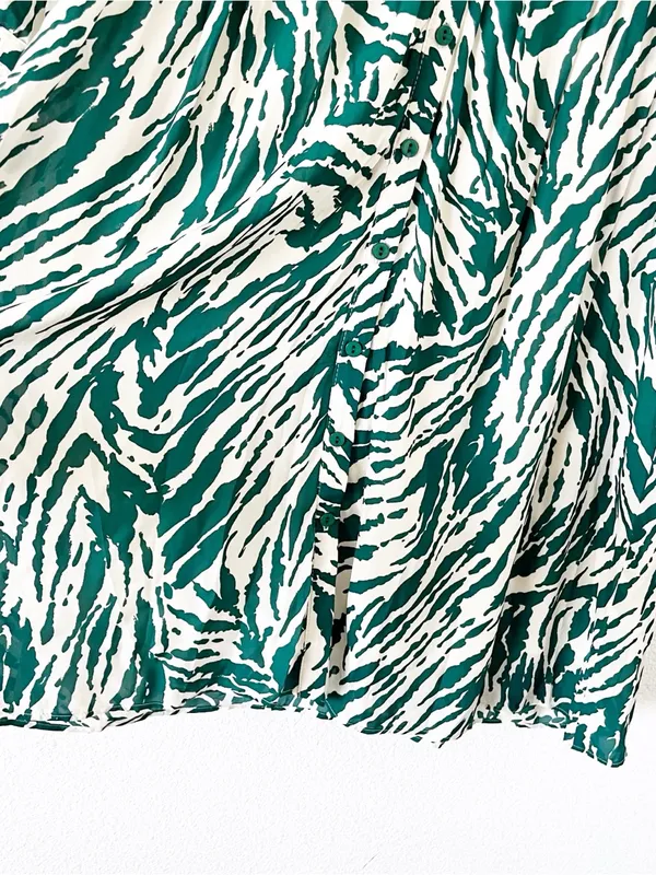 BA&SH Zebra Print Green Cream V-Neck Flowy Boho Mini Dress - Image 5