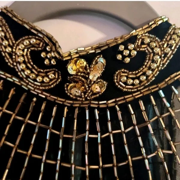 Ted LapidusBlack and Gold Strapless High Neck All Over Beaded Evening Gown Dress - Image 5