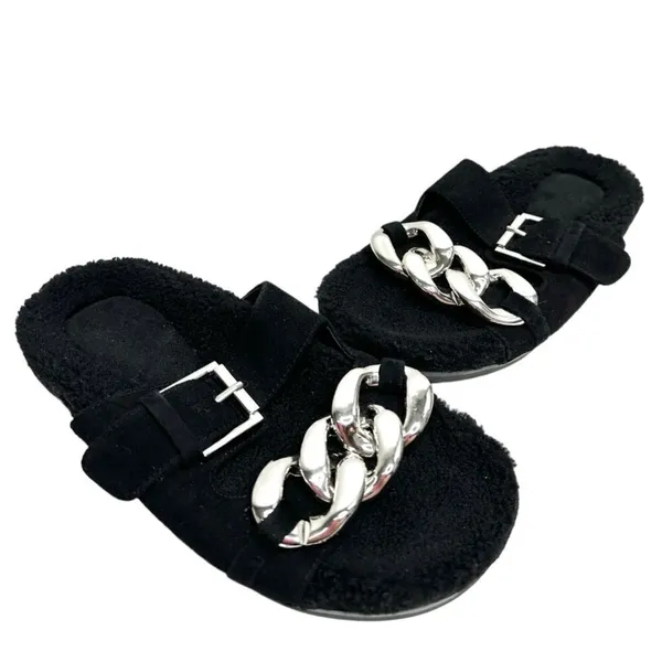 Marc Fisher LTD Fresno‎ Black Leather Faux Fur Chain Slide Sandals Size 6 - Image 2