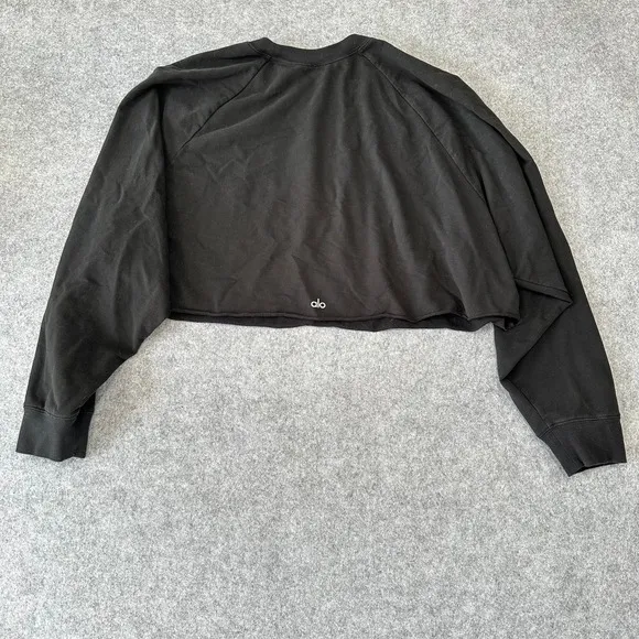 Alo Yoga Womens Cropped Raglan Sweatshirt‎ Black Raw Hem Size L Large - Image 5