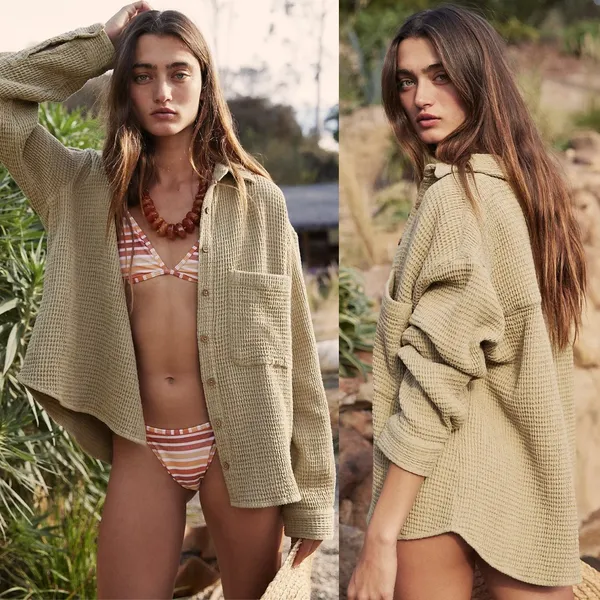 Free People | 100% Cotton Serious Chiller‎ Waffle Button Down in Curly Willow - Image 3