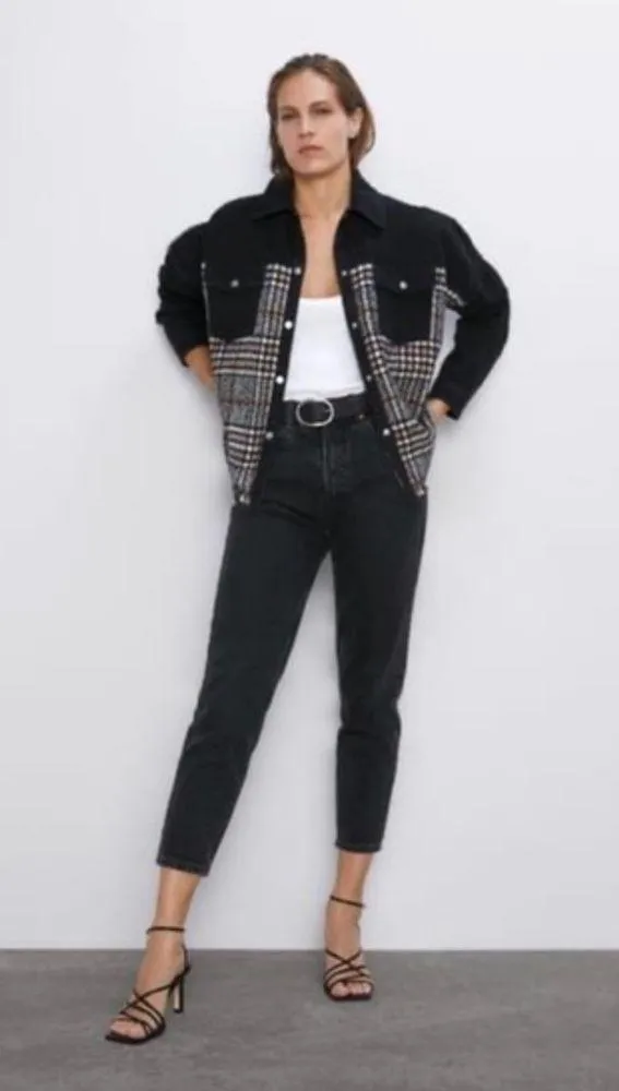 ZARA Contrast Black Denim & Tweed Plaid Mix Snaps Outer Jacket Shaket Size Large - Image 3