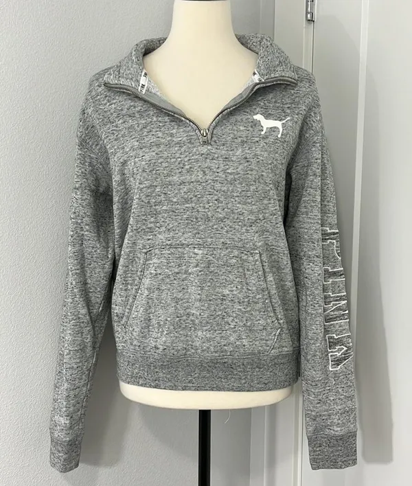 Victoria's Secret Pink Small Gray Quarter Zip Funnel Neck Sweatshirt w/Pocket - Image 2