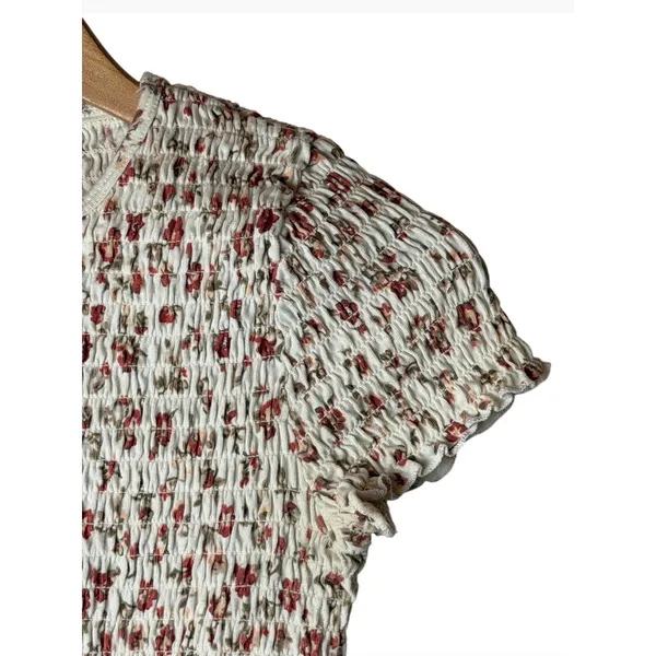Hollister Smocked Top Women Medium Ivory Floral Short Sleeve Crop Tee Boho - Image 4