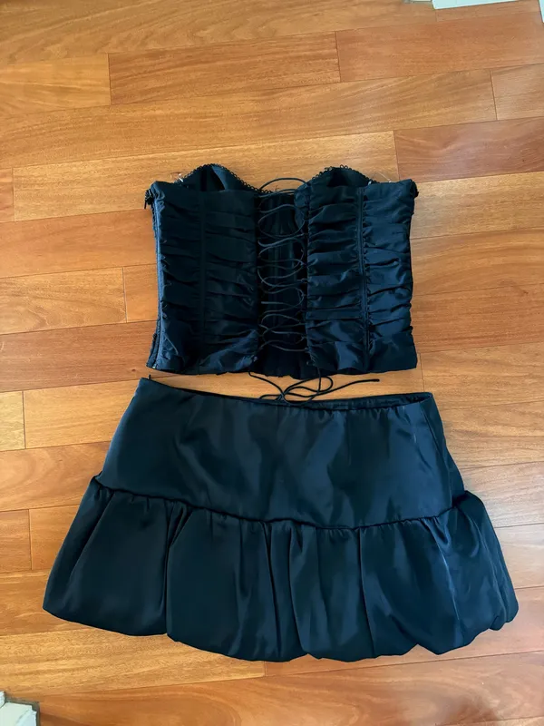 BNWT Oh Polly Black Melvina Ruched Lace-Up Strapless Corset Top & Matiya Bubble Hem Mini Skirt Set - Image 6