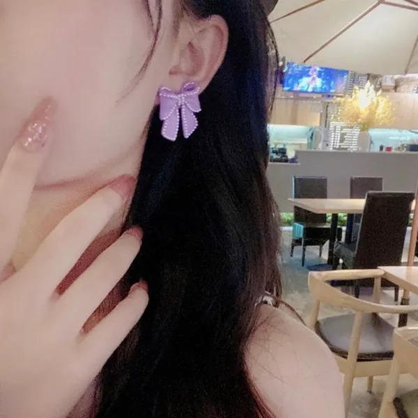 Purple Bow Pearl Stud Earrings for Women - Image 3
