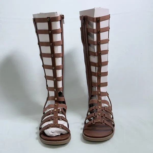 Wild‎ Pair Size-6.5M Romikaa Knee High Gladiator Sandals Brown Faux Leather - Image 9