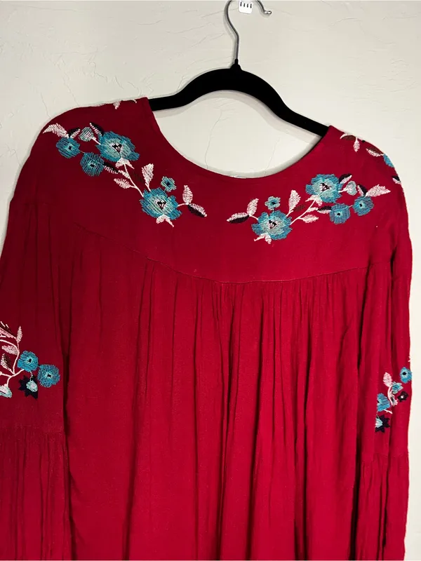 Free People Te‎ Amo Red Blue Floral Embroidered V Neck Babydoll Mini Dress - Image 11