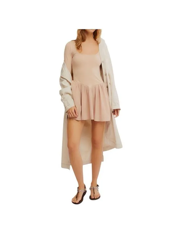 Free People Onda Dropped waist Long Sleeve Stretch Cotton Dress Square neck Sz L - Image 5