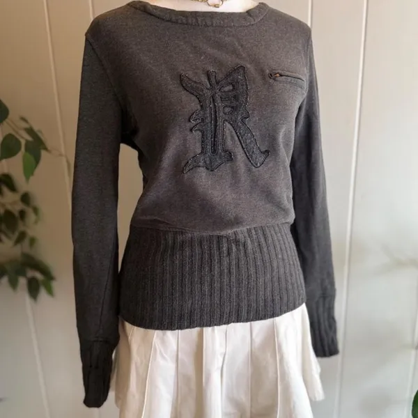 Ralph Lauren Gray Long Sleeve Sweater Ribbed Waist Women's Size Medium - Image 5