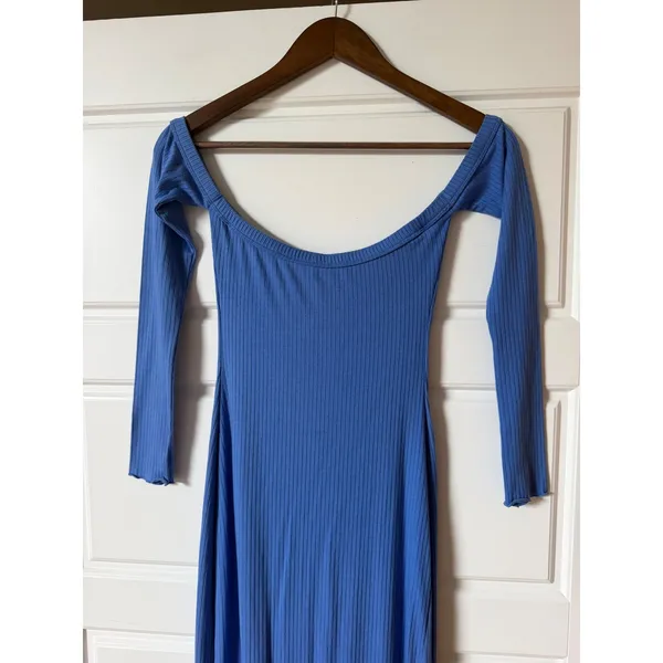 Indah Body Blue Raquel Ribbed Off Shoulder Asymmetric Midi Dress Small Y2K - Image 6