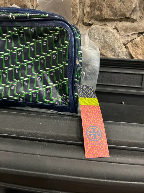 Tory Burch Rain Boot Large Cosmetic Case Bag Navy Galoshes 416 Blue Green NWT - Image 5