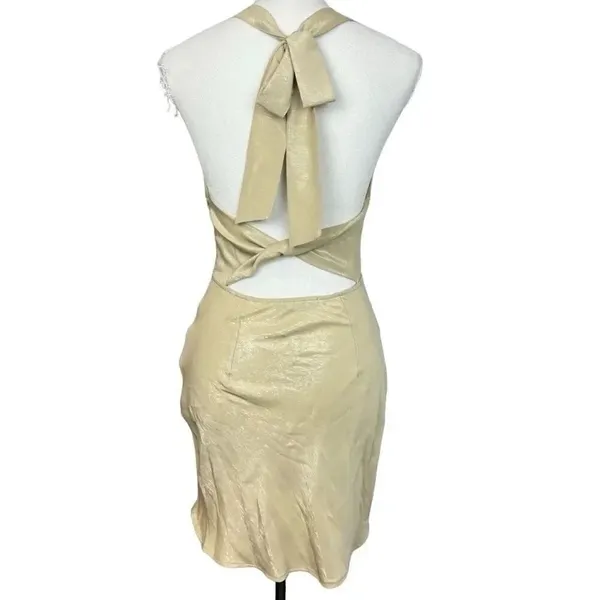 Zara Iridescent Satin Effect Mini Dress Draped Neck Open Back XS Gold Beige Y2K - Image 4