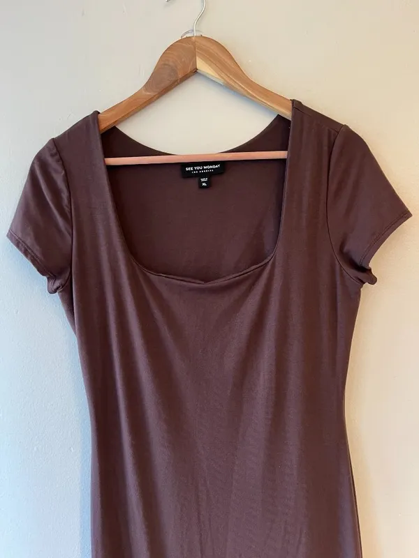 Sz M Brown See You Monday T-Shirt‎ Maxi Dress Square Neck Pullover - Image 2