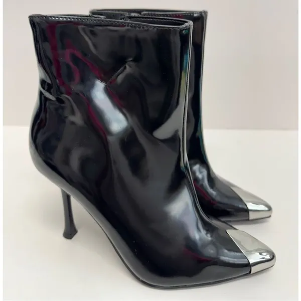 INC International Concepts Boots Size 5 Black Patent Pointed Toe Stiletto‎ Heels - Image 4
