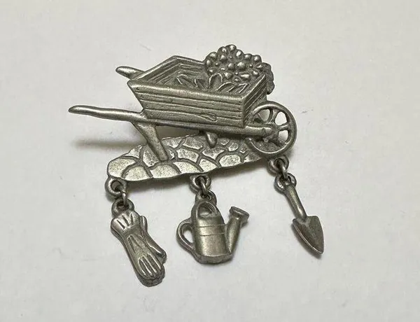 Signed LCD Gardening Wheelbarrow Garden Cart Pewter Silver Tone Brooch Pin - Image 5