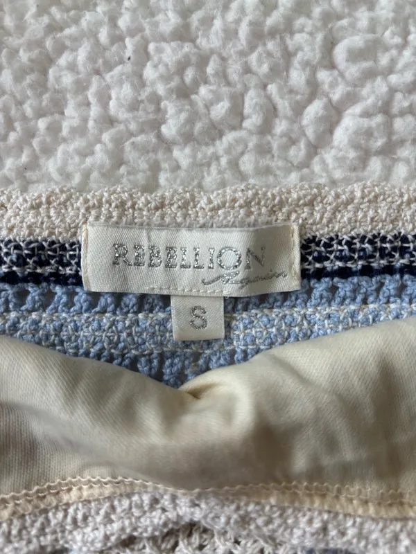 Rebellion Boho Y2K Geometric Crochet Crop Tank Cami Top Blue Cream Size Small - Image 6