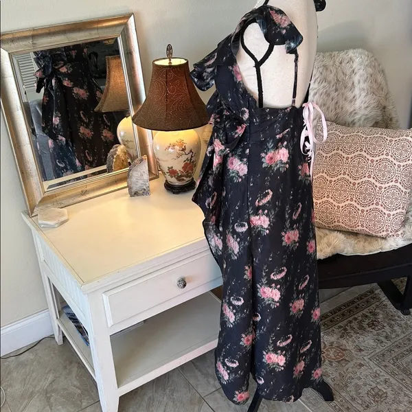 Love shack fancy cosmo rare black floral ruffle silk high low midi dress M L​​ - Image 6