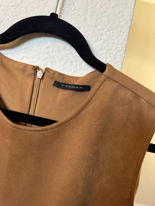 T Tahari Faux Suede Peplum Sleeveless Top Brown - Image 2