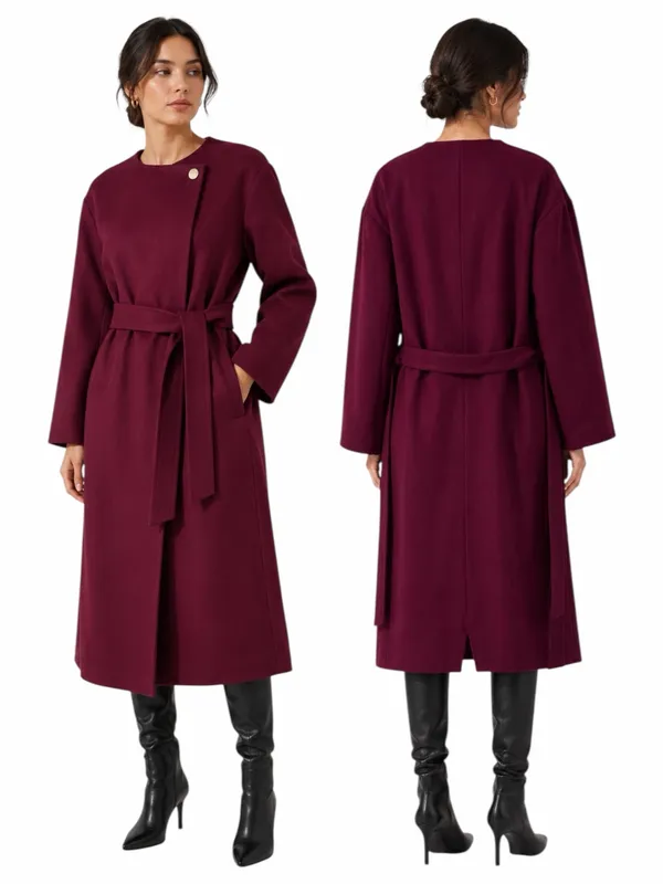 Ann Taylor Tie Waist Balloon Sleeve Wool Blend Coat Mulberry Size XXL - Image 2