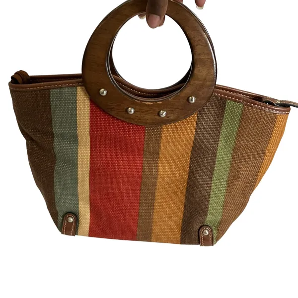 Fossil Multi Colored Striped Leather Trim Wood Handle Satchel Purse - Image 5