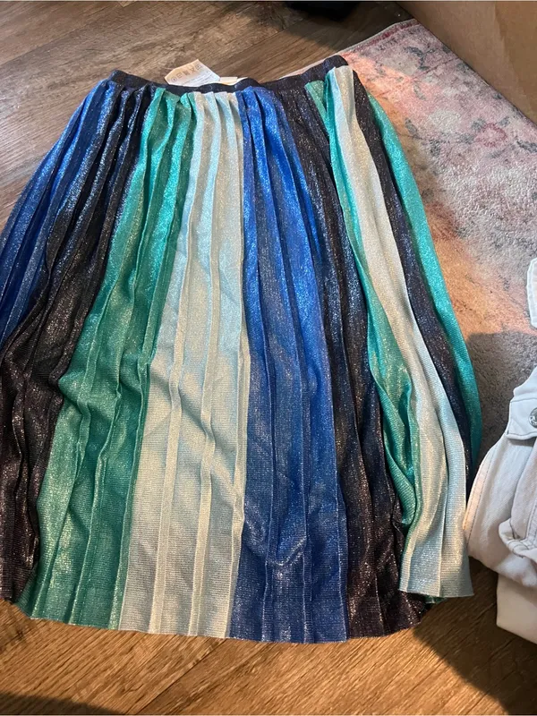 Maeve Anthropologie Sunburst Metallic Blue Pleated Midi Skirt Paneled Patchwork - Image 14