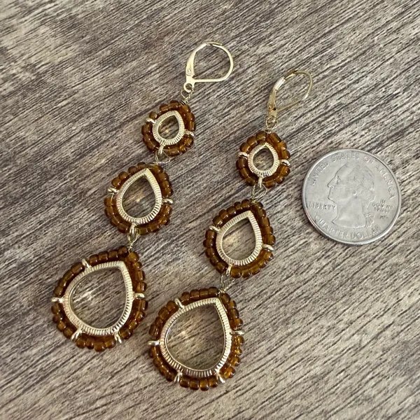 Gold Tone Amber Color Seed Beads 3 Tiered Dangle Earrings Artsy Boho Festival - Image 6