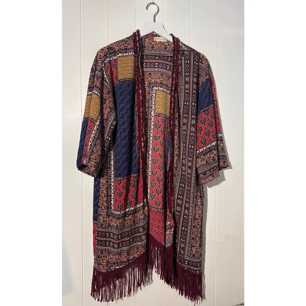 Altar'd State Fringe Kimono Cardigan Women's M/L Boho Patchwork Open Front - Image 2