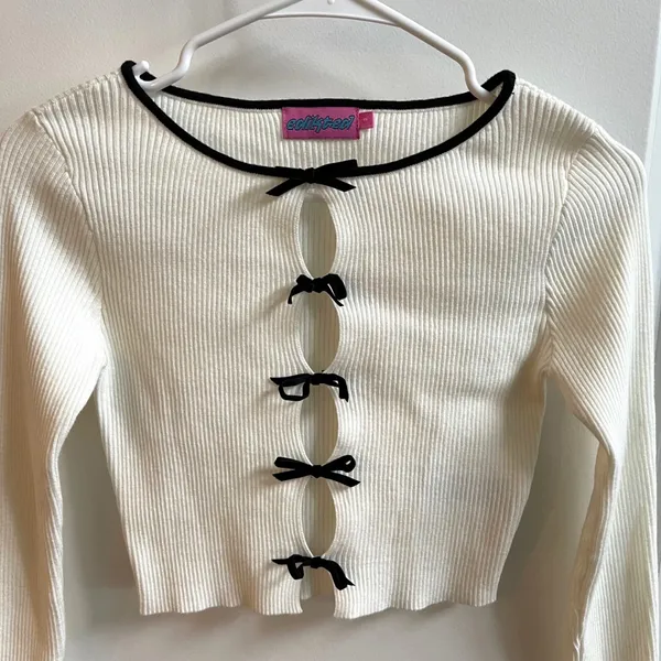 Edikted Bow Front Top Womens Small White Coquette Balletcore Ribbed‎ Long Sleeve - Image 4