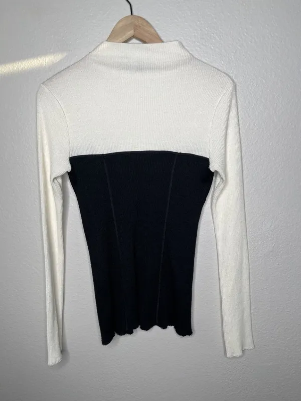Theory Ribbed Knit Colorblock Bustier Seamtop Sweater Black White Med - Image 7