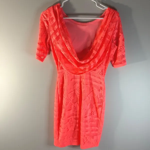 Windsor Neon‎ Coral Orange Floral Lace Open Back Bodycon Mini Dress Medium - Image 4
