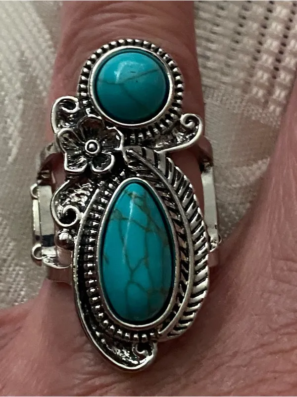 Womens Finger Ring Faux Turquoise Stones Silver Tone Metal Elastic Back Western - Image 5