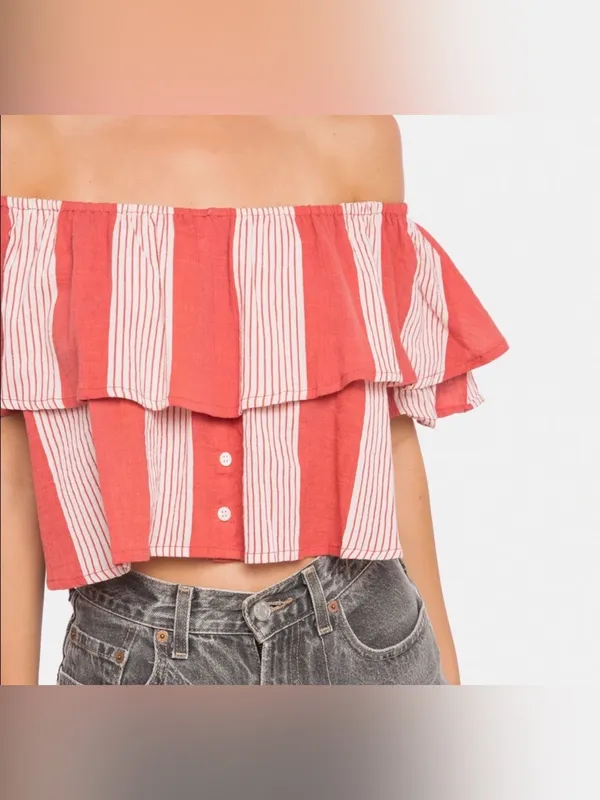 Faithfull the Brand Salerno 100% Cotton Ruffle Sleeve Striped Off Shoulder Top - Image 2