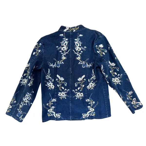 Denim & Co Blue Floral Embroidered Jean Denim Jacket Zip‎ Front Small Western - Image 2