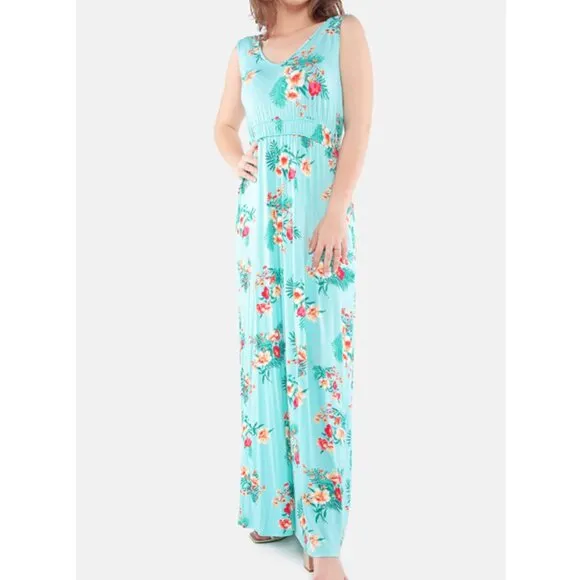 OLIVE & OAK LULUS Sleeveless Floral Maxi Dress Aqua Blue Pink Tropical Hawaiian - Image 4