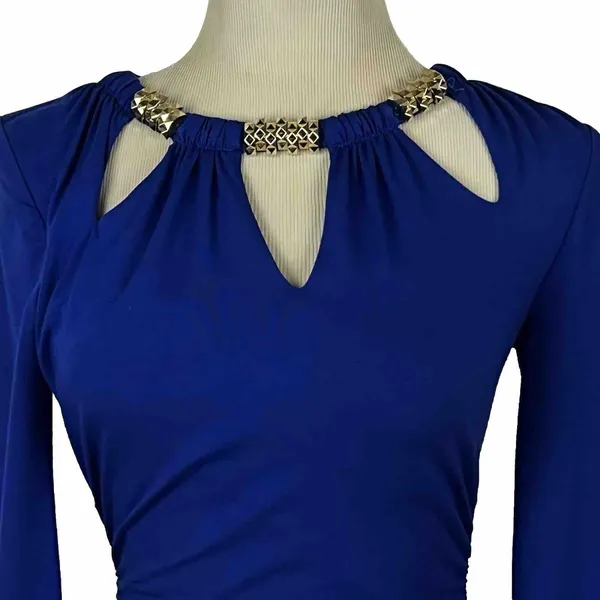 Cache Bodycon Dress Womens XS Blue Studded Keyhole Ruched Vintage‎ Long Sleeve - Image 2