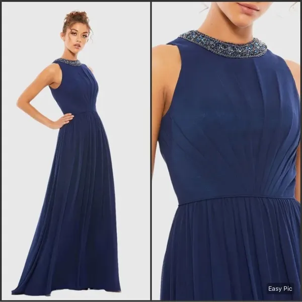 NWT Mac Duggal 55147 Navy Bejeweled Neckline Pleated Chiffon Gown MISMARKED SIZE - Image 2