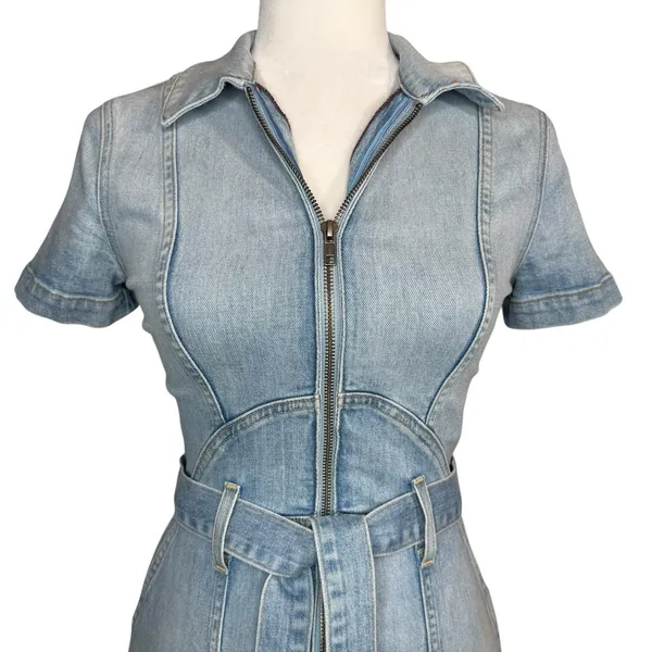 Alice + Olivia Jeans Blue Denim‎ Mini Dress Size 2 Zipper Front Pockets Belted - Image 4