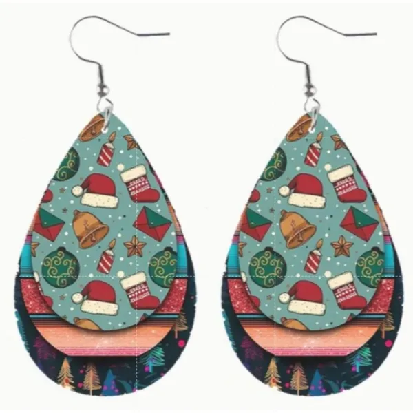Set of 2 Christmas Teardrop Reversible PU Leather Hook Earrings, New! - Image 2