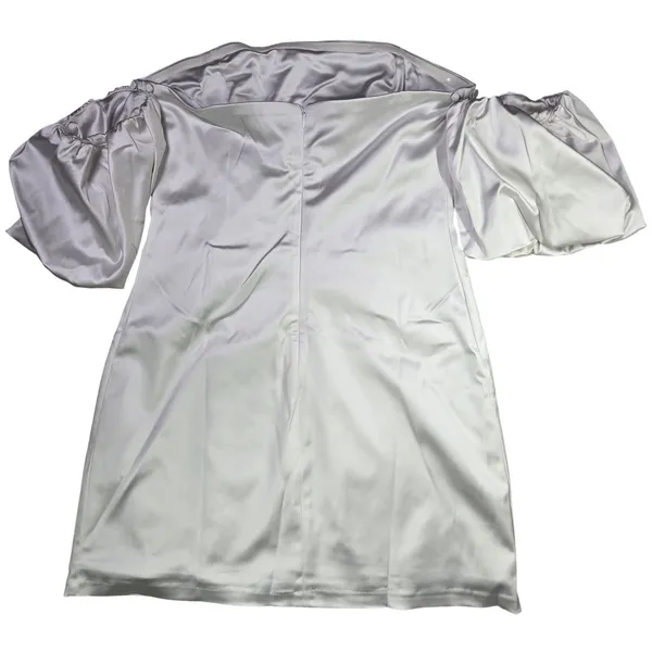 Abercrombie & Fitch Silver Satin Off the‎ Shoulder Puff Sleeve Mini Dress Large - Image 3