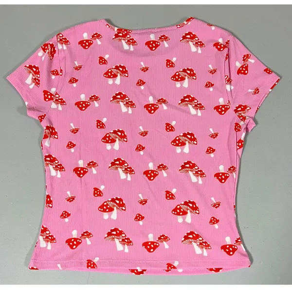 Pink Red Mushroom Fairycore Print Short Sleeve Tee T-Shirt Top Blouse Size S 🍄✨ - Image 3